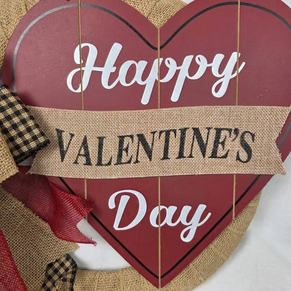 Happy Valentine's Day Heart Sign Burlap Wreath Red Bow Wooden Door Hanger Decor